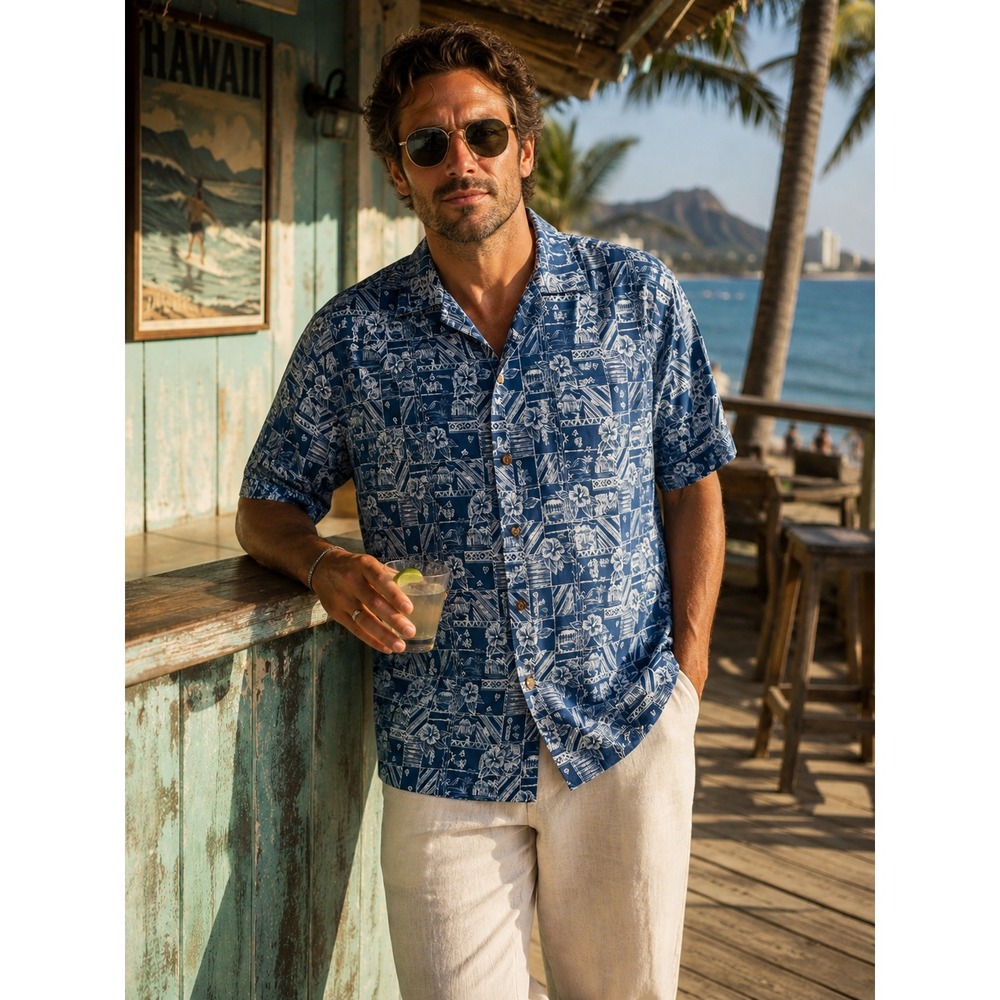 Vintage 90s Hawaiian Moon Blue Tropical Aloha Shirt Large Hawaiian Button Up L